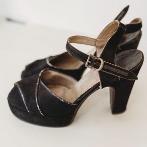 Vintage Black 1940s Shoes Peep Toe Platforms Sling Backs Pin Up Sexy Heels Dance